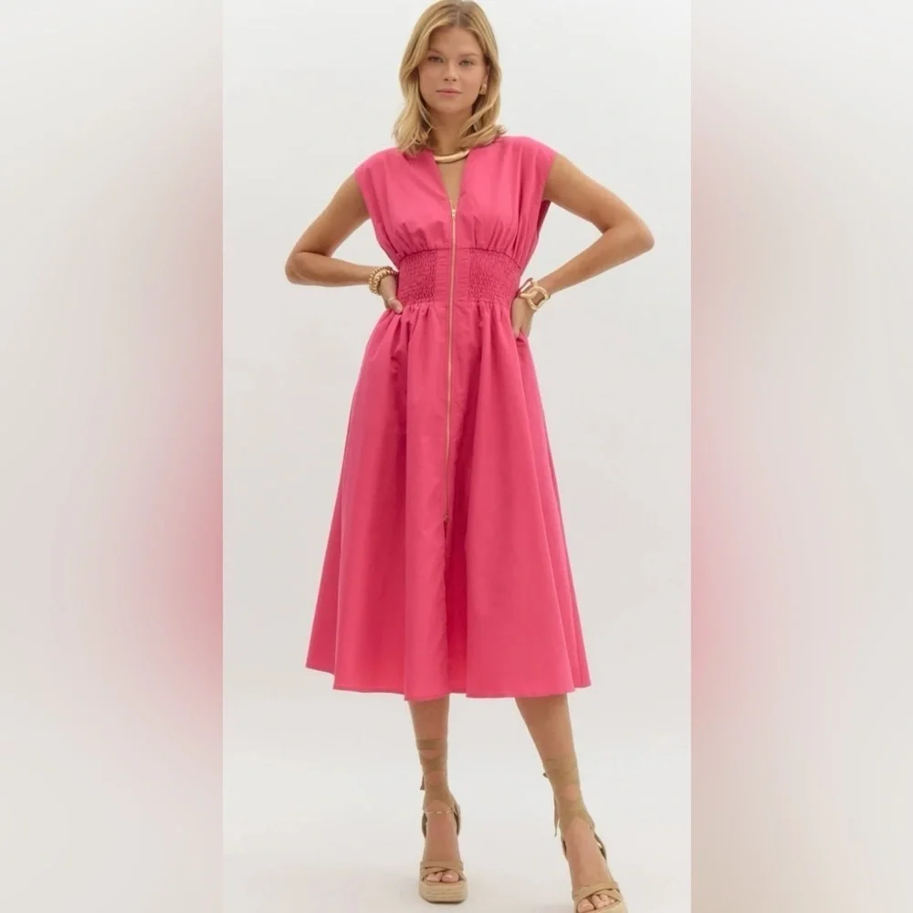 Anthropologie The Tommie Cap-Sleeve Smocked Front-Zip Shirt Dress Size LP NWT - Picture 2 of 12